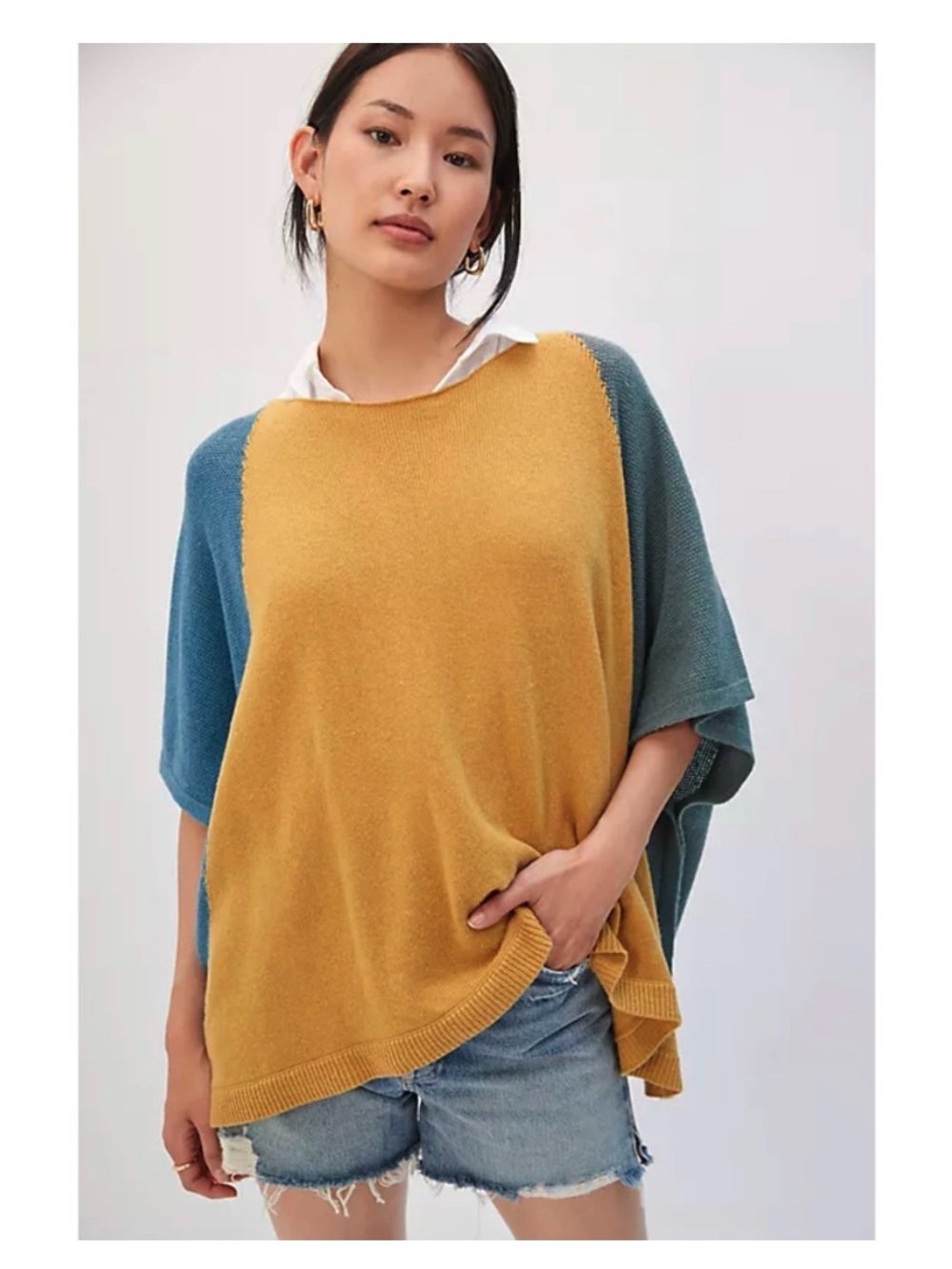 Anthropologie Gold Teal Colorblocked Dolman Knit Poncho Sweater Small Oversized